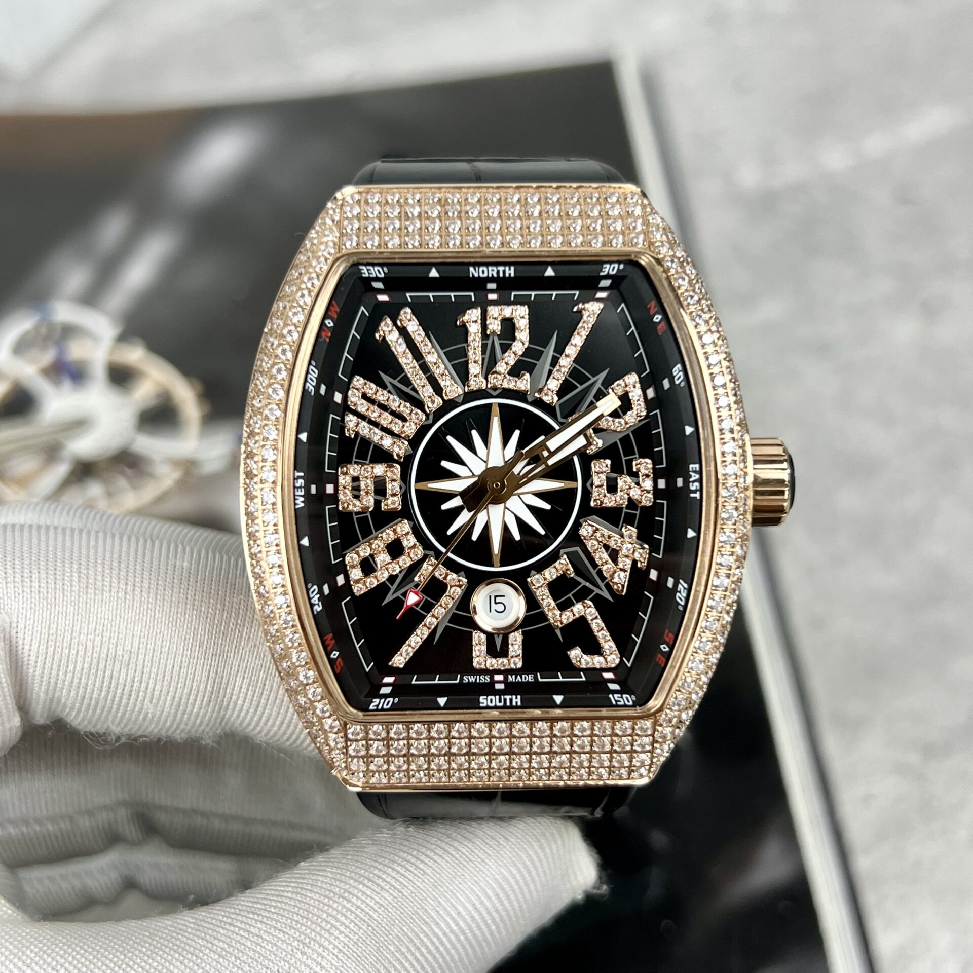 Franck Muller Vanguard V45 Replica Watch With Full RoseGold Diamonds ABF 45mm
