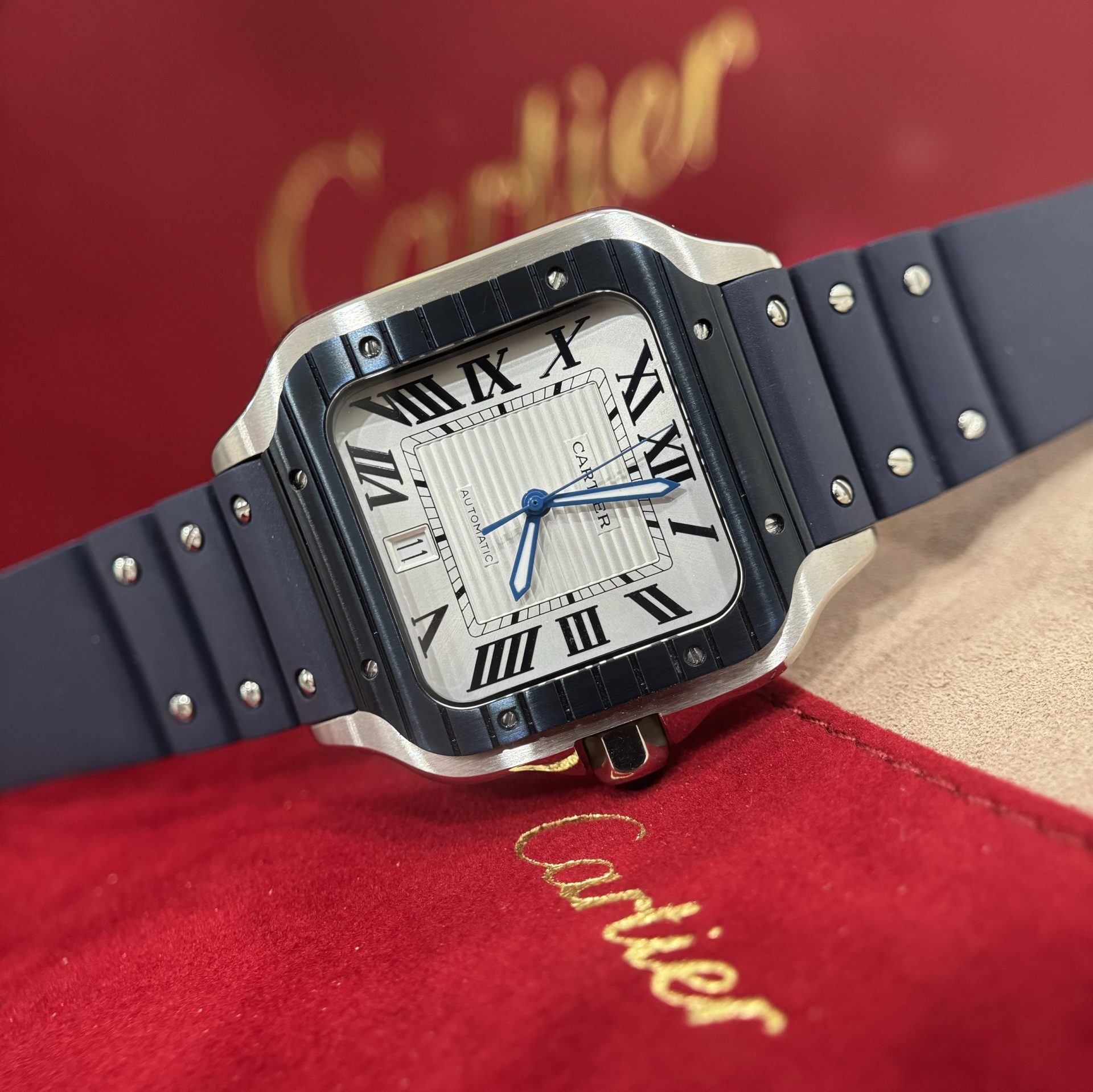 replica Cartier Santos Best Replica Watch Custom Moissanite Diamonds Blue Dial 39.8mm WATCHES 1 