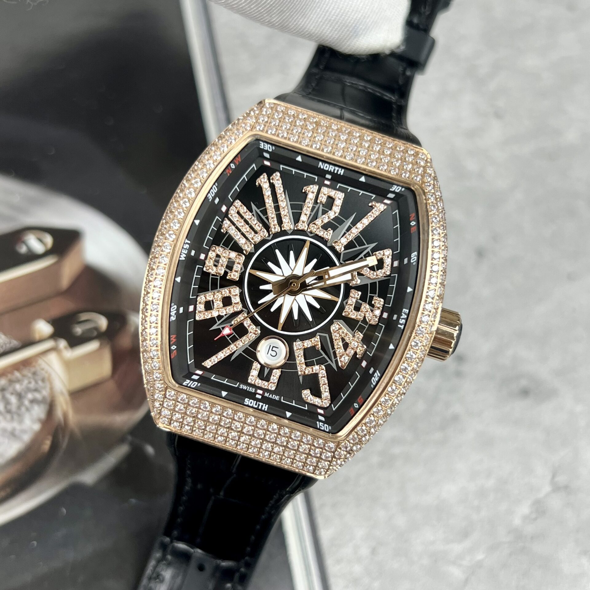 replica Franck Muller Vanguard V45 Replica Watch With Full RoseGold Diamonds ABF 45mm WATCHES 1 