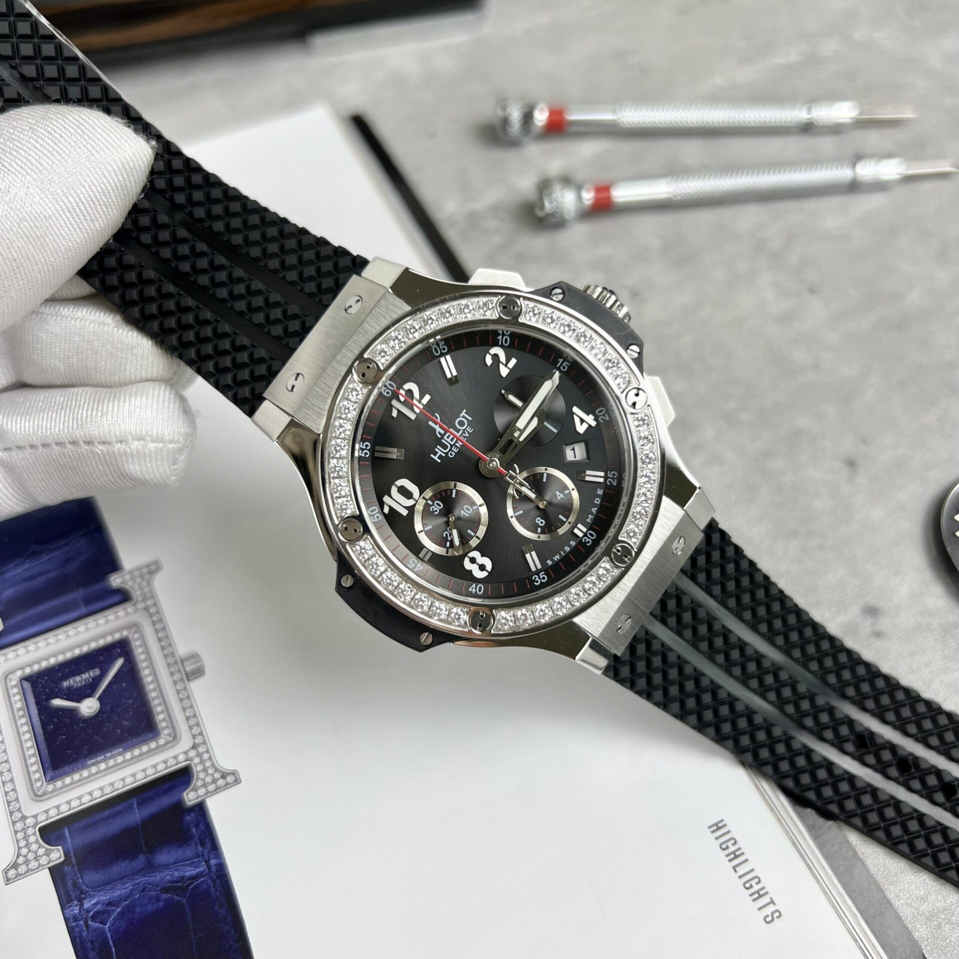 replica Hublot Fake Watch Big Bang Chronograph Blue Custom Moissanite Diamonds 44mm WATCHES 1 