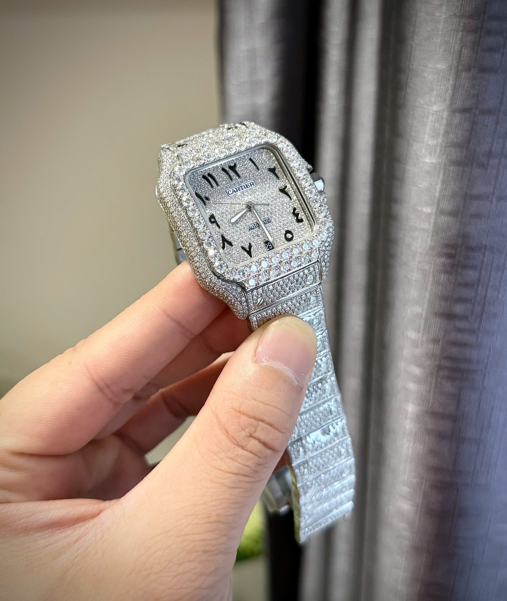 replica Cartier Santos Best Replica Watch Custom Moissanite Diamonds Blue Dial 39.8mm WATCHES 3 