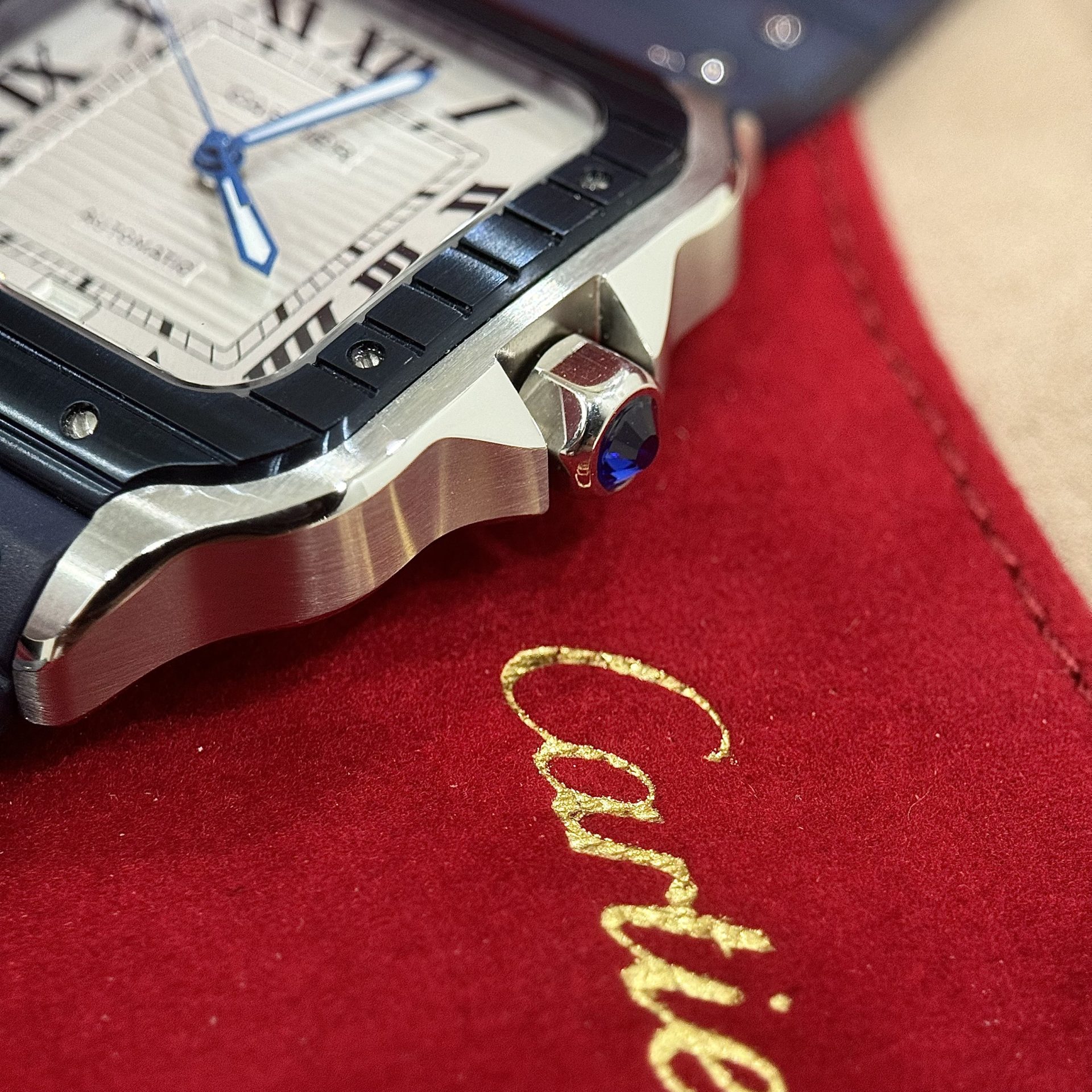 replica Cartier Santos Best Replica Watch Custom Moissanite Diamonds Blue Dial 39.8mm WATCHES 3 