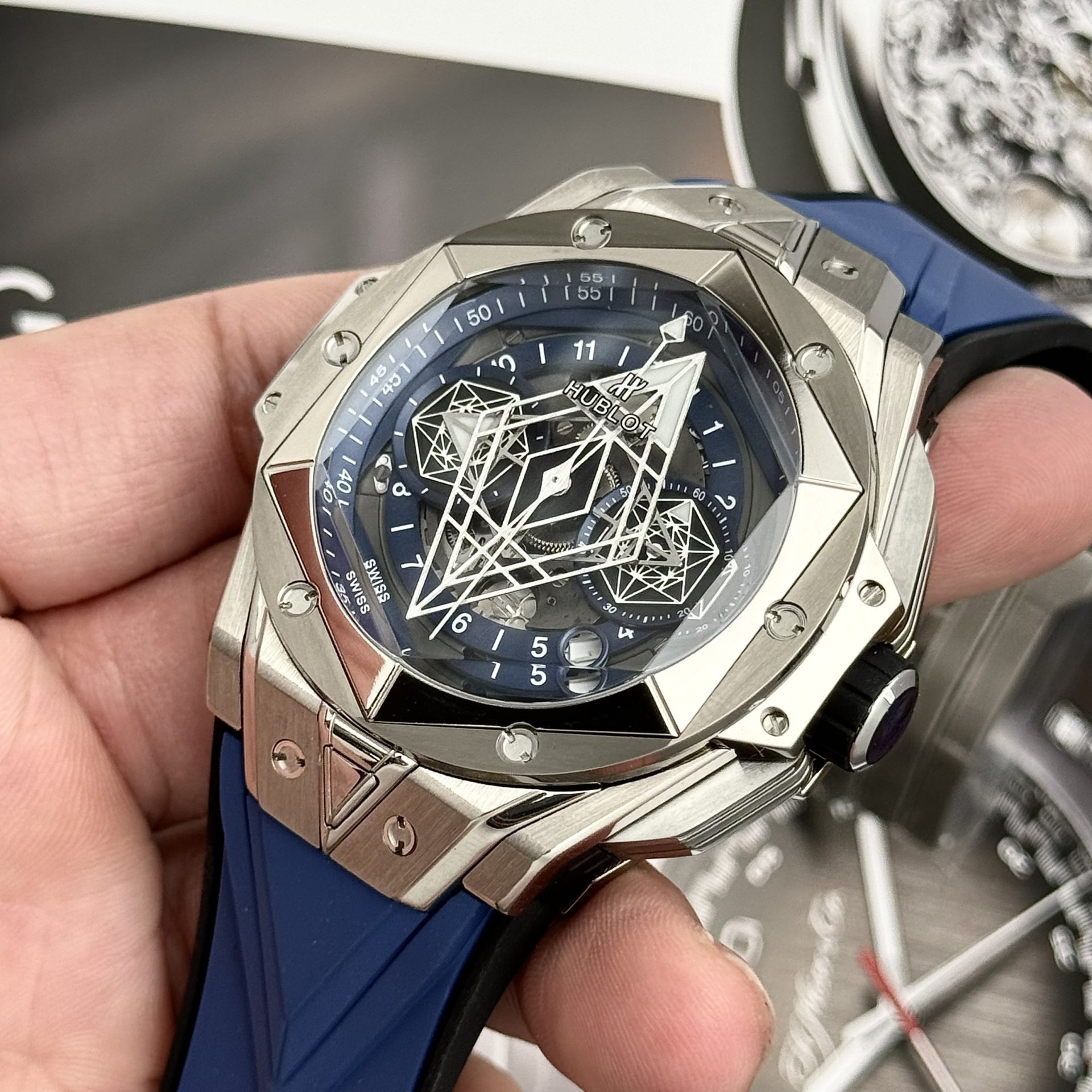 replica Hublot Replica Watch Classic Fussion Custom Blue Dial Moissanite Diamonds 33mm WATCHES 3 