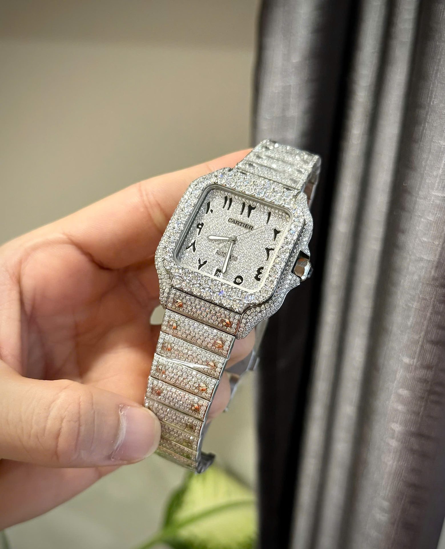 replica Cartier Santos Best Replica Watch Custom Moissanite Diamonds Blue Dial 39.8mm WATCHES 4 