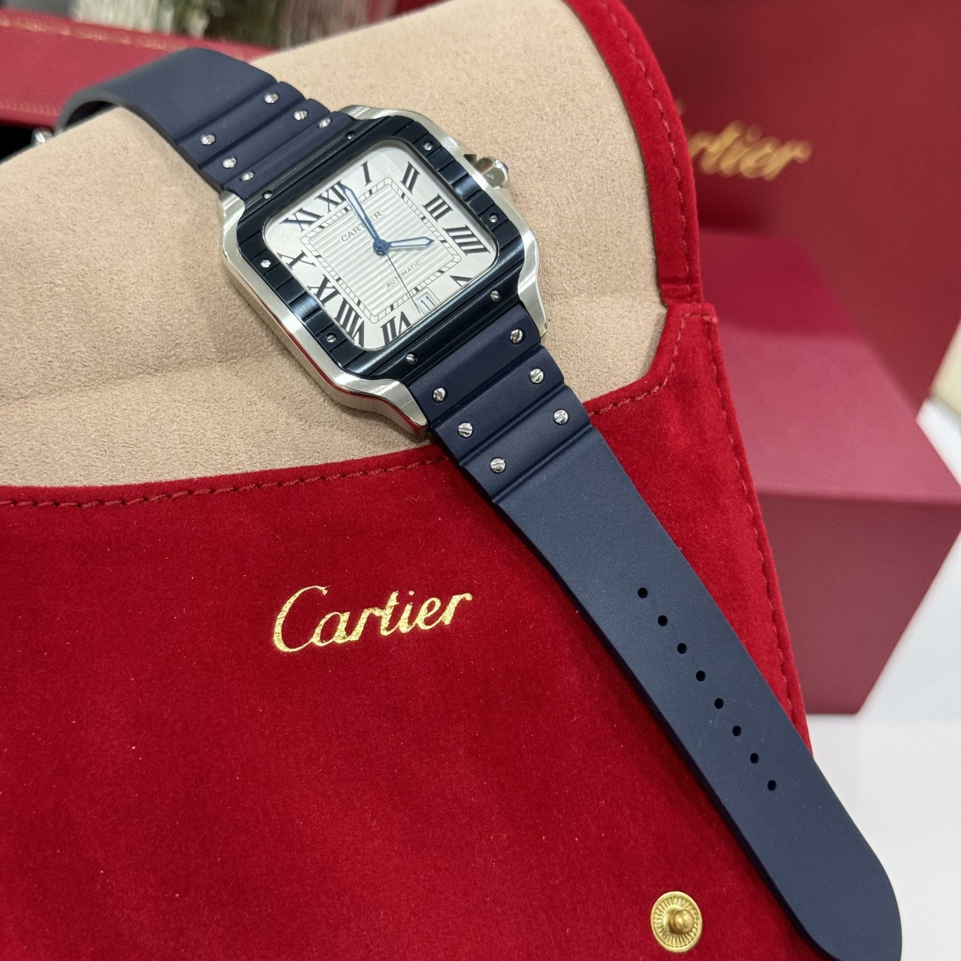 replica Cartier Santos Best Replica Watch Custom Moissanite Diamonds Blue Dial 39.8mm WATCHES 4 
