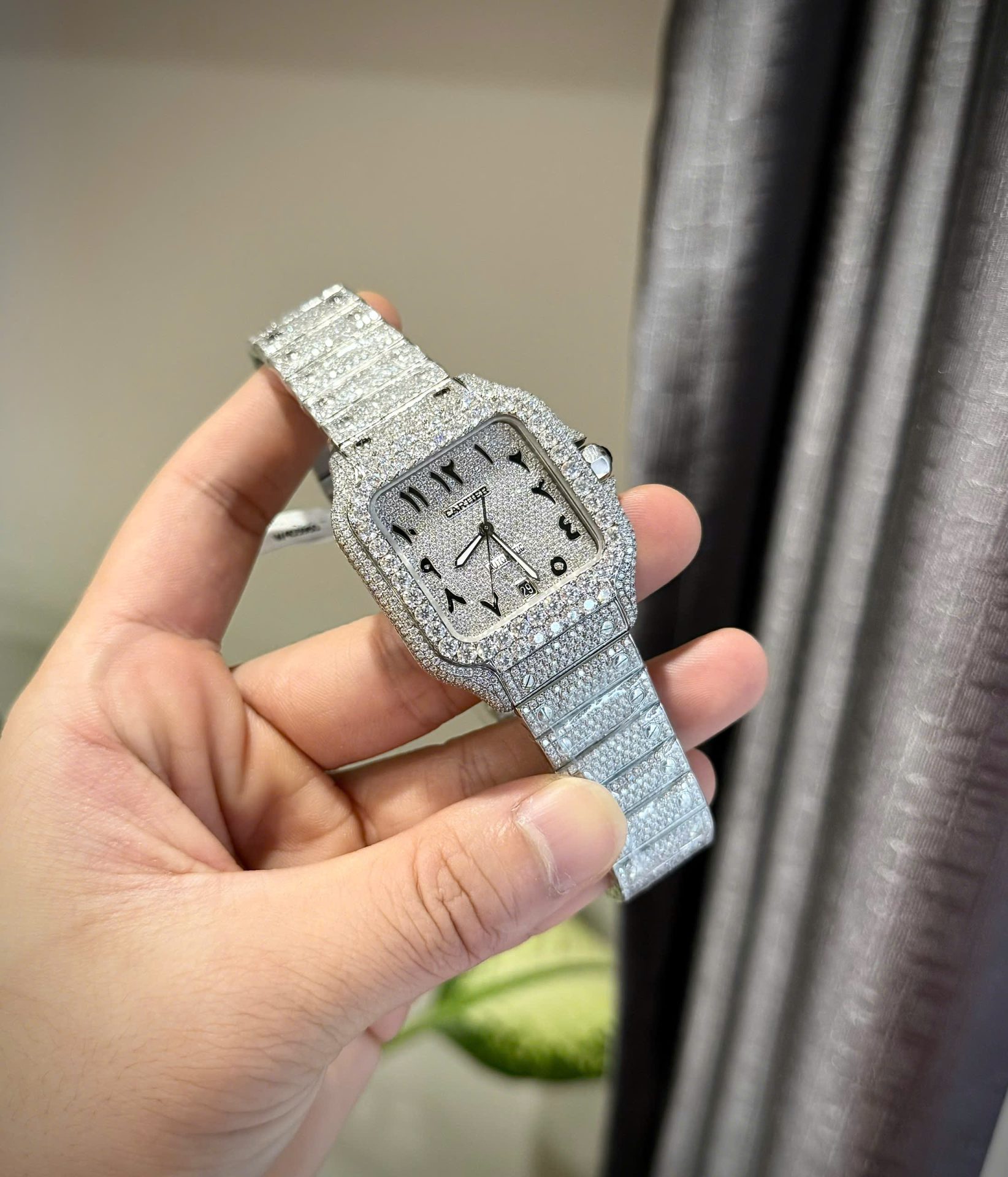 replica Cartier Santos Best Replica Watch Custom Moissanite Diamonds Blue Dial 39.8mm WATCHES 5 
