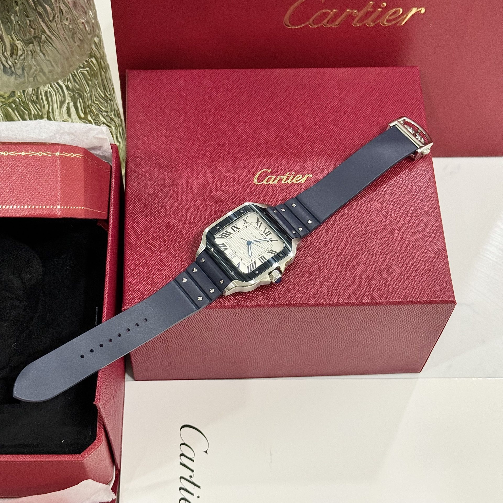 replica Cartier Santos Best Replica Watch Custom Moissanite Diamonds Blue Dial 39.8mm WATCHES 5 